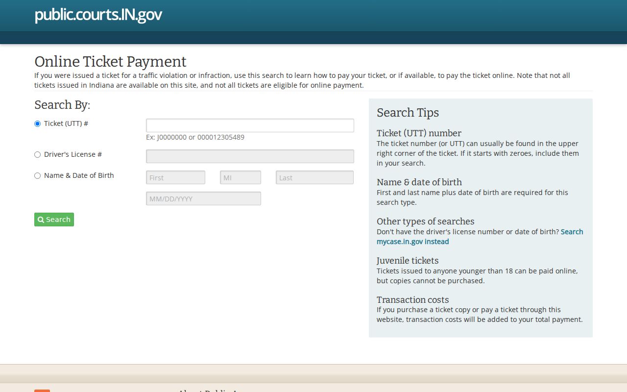 Indiana payment lookup for Pike County traffic tickets